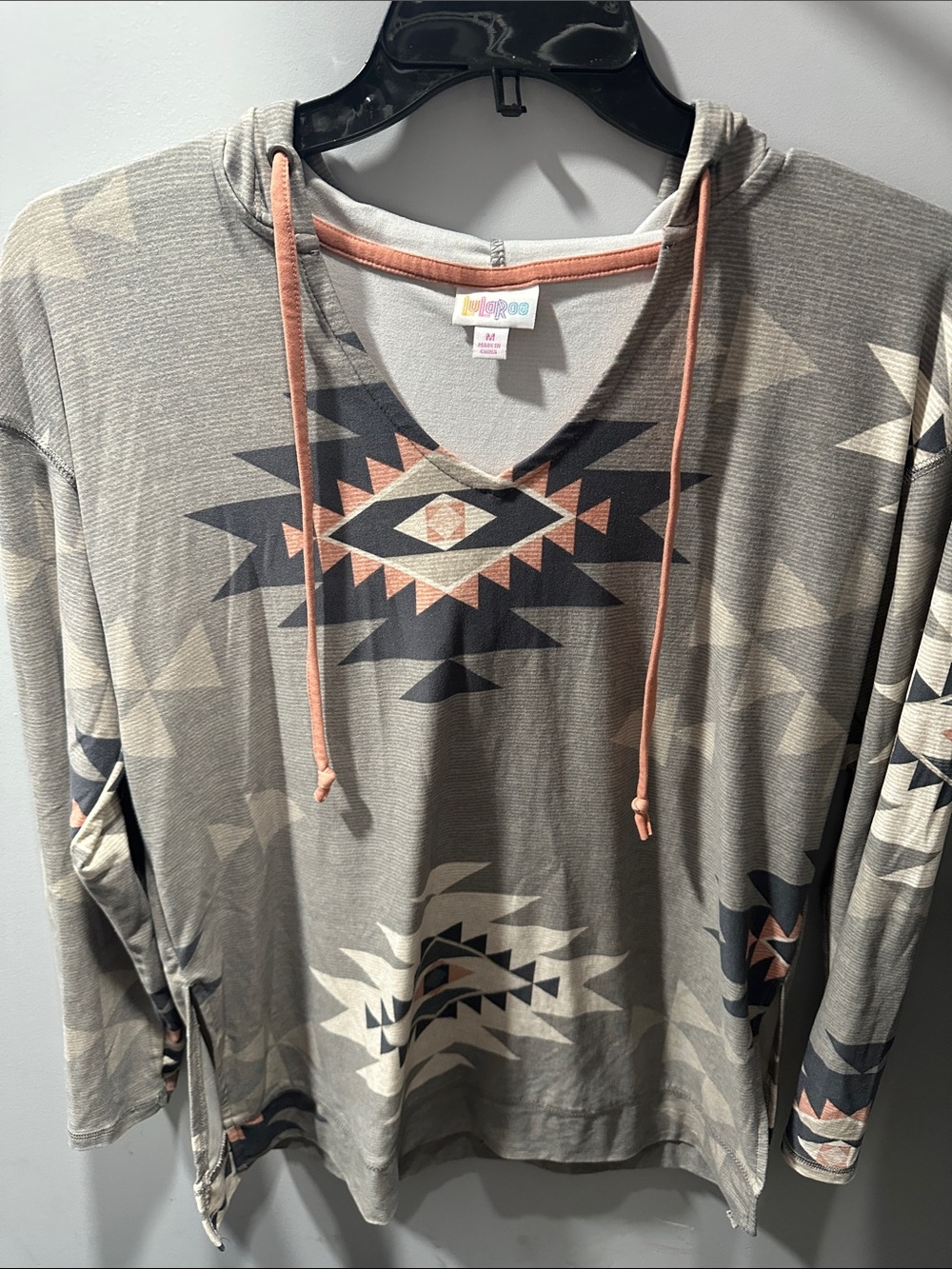 LuLaRoe Gray and Coral Geometric Hooded Top
